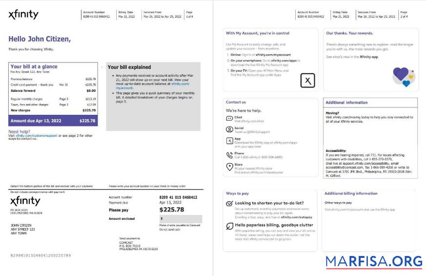 Downloadable USA Philadelphia Xfinity utility bill Word and PDF template, 4 pages 1 2